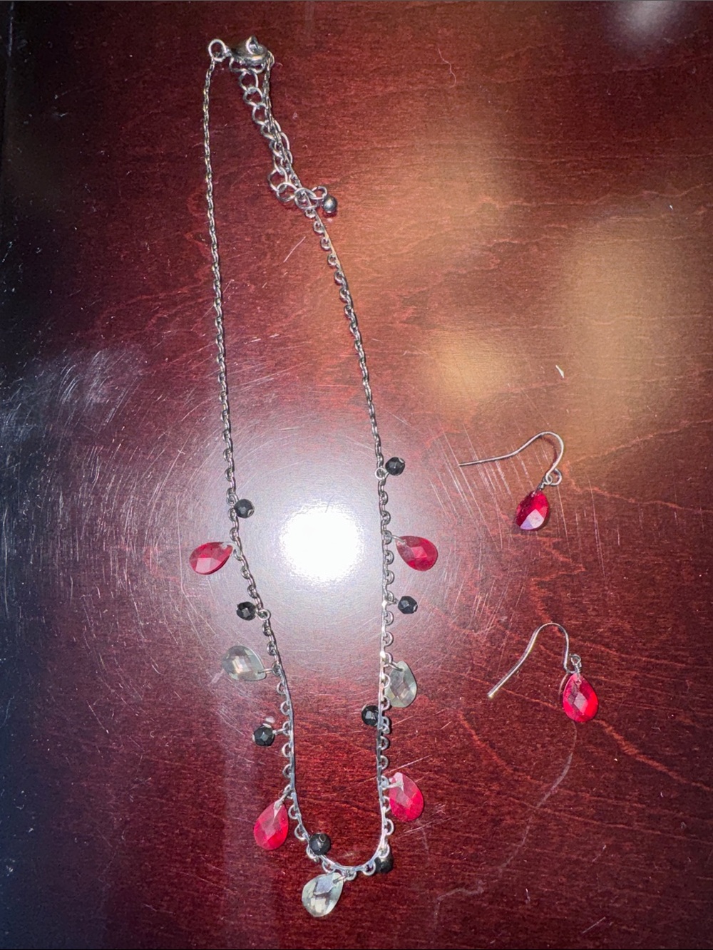 Women’s Necklace & Earrings Set with Red and Clear Teardrop Gems
